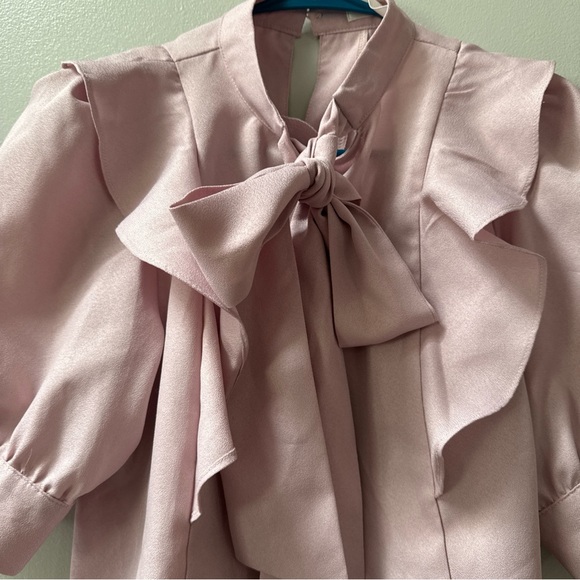 Womens Blush Soft Pink Tie Neck Ruffle Blouse Medium Feminine Romantic Coquette - Picture 2 of 3